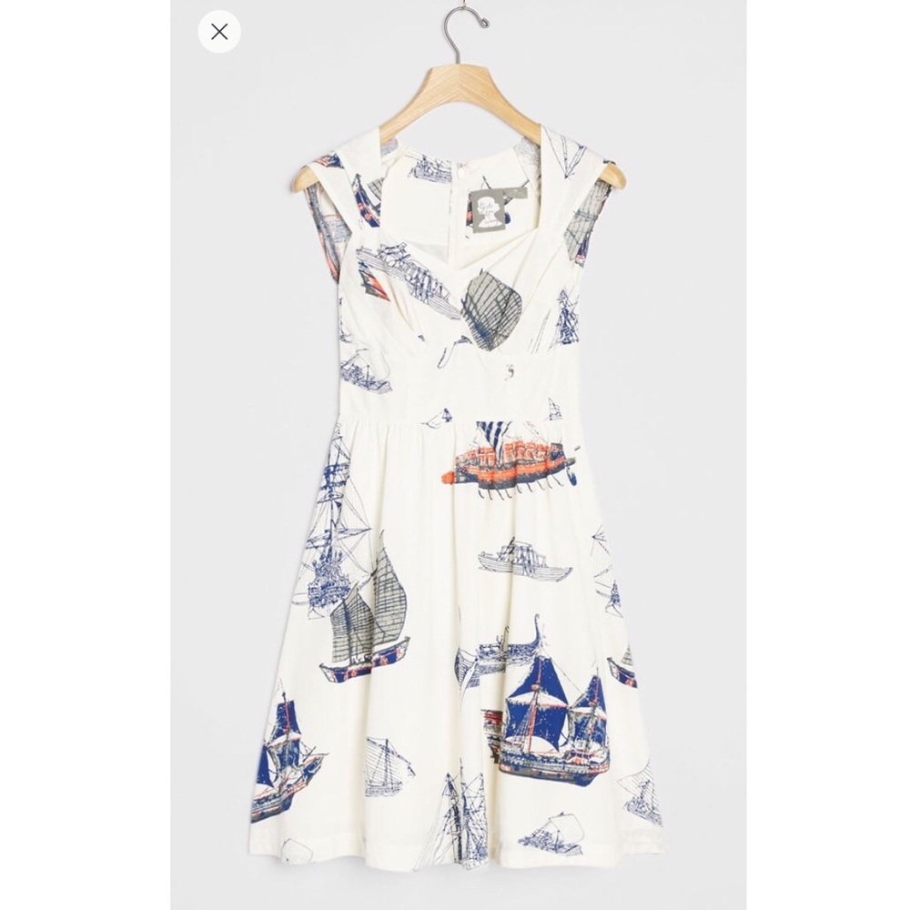Anthropologie White Dress with Navy and Orange Ship Print